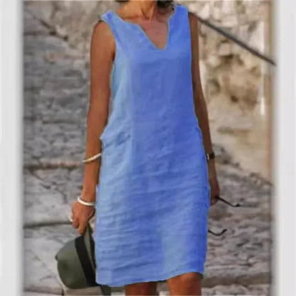 New Pure Color V-Neck Sleeveless Large Size Casual Linen Dress Comfortable Breathable Women's One-Piece Summer Dresses