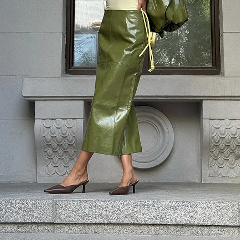 Vintage Solid Pu Leather Jacket Skirt Set High Neck Coat Slim Fit Long Skirt Coats Skirt Sets 2025 New Autumn Winter Lady Outfit