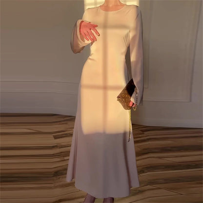Women‘s Maxi Dress 2025 New Silk Long Round Neck Satin Flare Sleeve Lace Up Slim Skirt Evening Party Dresses Sexy Chic Robes
