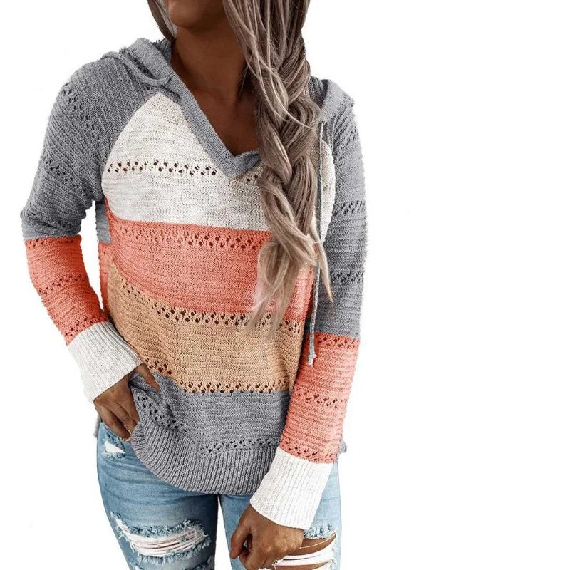 Women Patchwork Hooded Sweater Casual Long Sleeve Knitted Sweater Top Striped Elegant Pullover Jumpers Autumn Winter Plus Size
