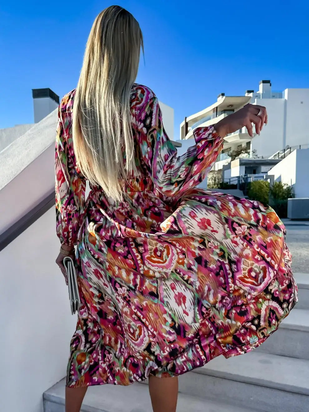 Autumn Women Floral Print Long Dress Elegant Sexy Deep V-Neck High Split Belted Dress Female Vintage Boho Long Sleeve Party Robe