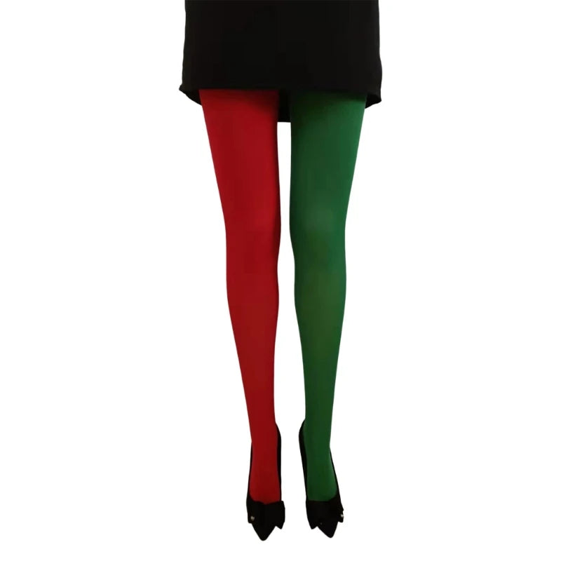 Two-toned Halloween tights for women in red and green, perfect for festive costumes and celebrations