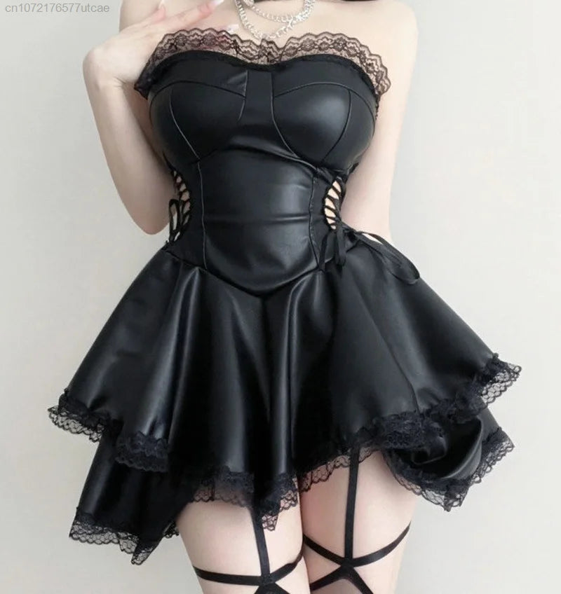 EtherealBe gothic black party dress for women featuring lace trim and a fitted bodice