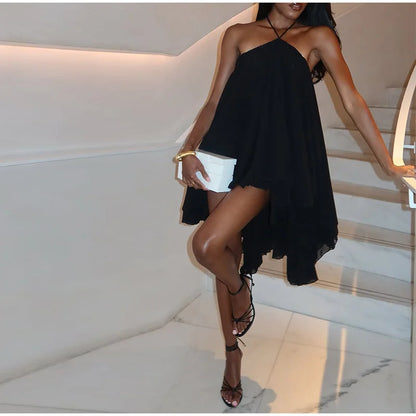 Elegant Halter Ruffles Short Dress Women Loose Solid Strapless Sleeveless Backless Dresses 2025 Summer Lady Beach Vacation Robes
