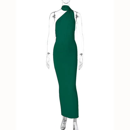 Hugcitar One Shoulder Backless Adjustable Scarf Loop Ruched Sexy Maxi Dress 2025 Women Elegant Y2K Streetwear Festival Outfit