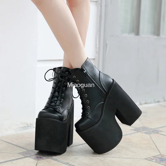 Fashion Height 17cm Chunky Heel Motorcycle Boots Women Platform Ankle Boots Punk Cosplay Thick Sole Goth Girls Shoes Big Size 43