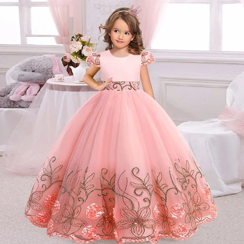 Girls sequin children's gown with embroidered bow and lacing