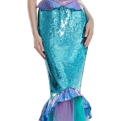 The Mermaid Cosplay Costume for Women Halloween Sea-maid Tail Dress Adult Blue Sequins Skirts Pool Party Ocean Princess Outfit