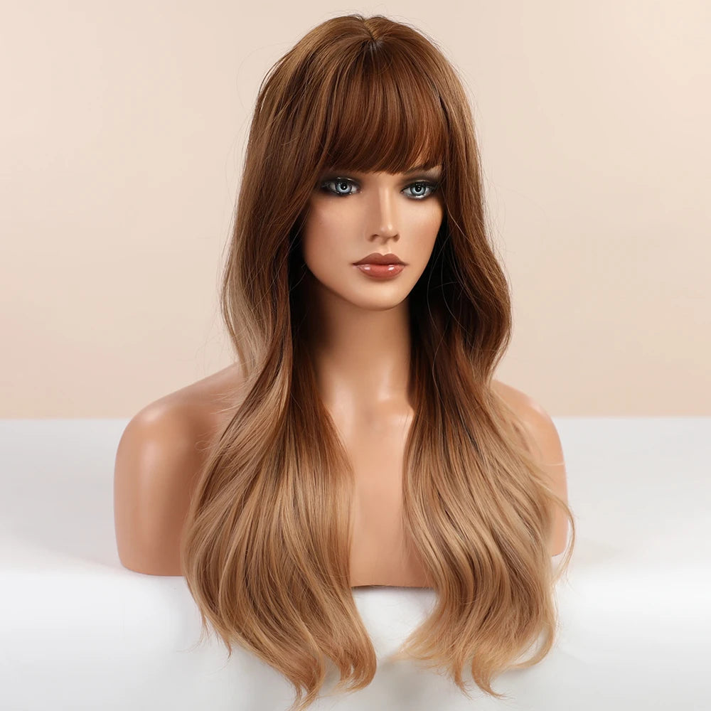 Element Medium Length Synthetic Straight Natural Brown Wigs with Side Bangs Heat Resistant Party Wigs for White/Black Women