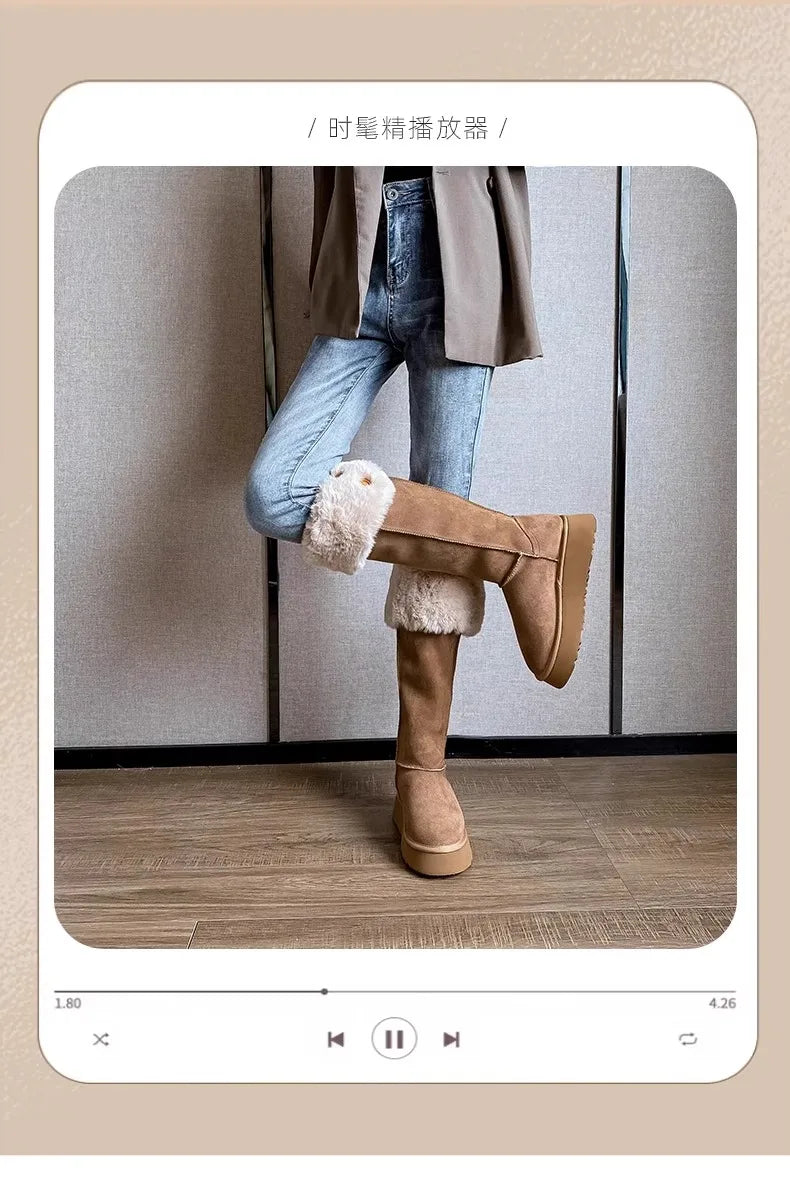 Turned-over Edge Knee-high Snow Boots Flat with Slip-on Ladies Shoes 2024 High Quality Round Toe Mid Heel Concise Women's Boots