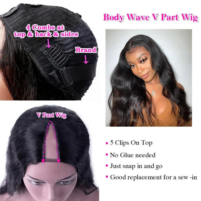 32 Inch Body Wave V Part Wig 200% Density Glueless Body Wave Brazilian 100 Human Hair Easy Install Upgrade Wig Natural Black Wig