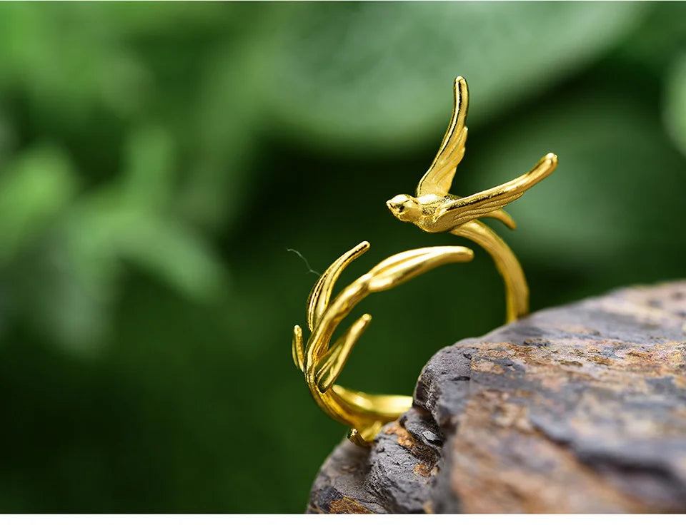 Lotus Fun 18K Gold Swallow Willow Branch Unusual Asymmetrical Rings for Women Real 925 Sterling Silver Original Fine Jewelry
