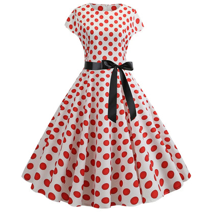 Women Vintage 1950s 60s Polka Dot Print High Waist A-line Swing Party Dress Retro Short Sleeve With Belt Evening Prom Dress