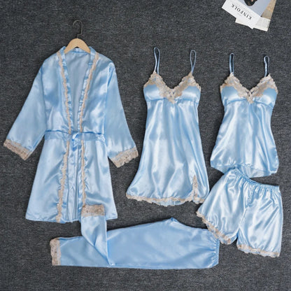 2024 New Style Pajamas Set with Bra Pads, Silk Sexy Strappy Golden Floral Five-Piece Pajamas Thin Homewear
