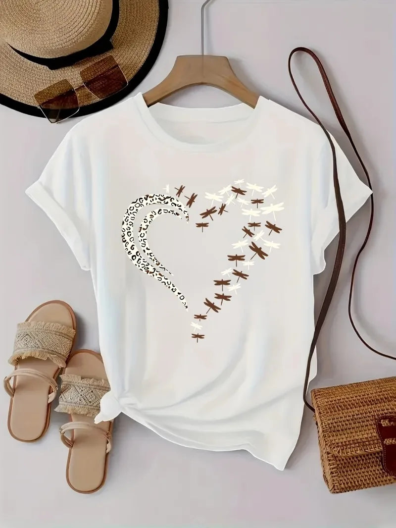 EtherealBe stylish women's heart print shirt in white featuring a unique heart and airplane design