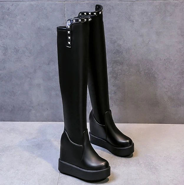 Knee Thigh High New In Women's Boots Genuine Leather Fur Long Shoes for Women Winter 2025 Wedges Chunky Platform Heeled Black