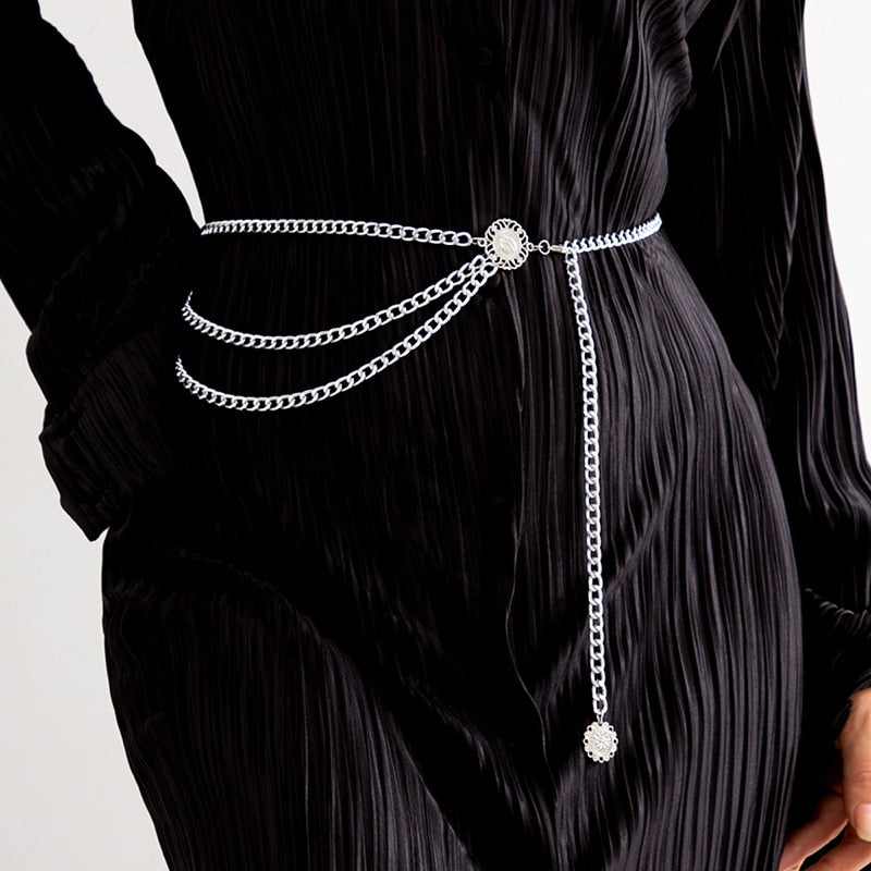 Fashion Round Brand Alloy Multi-Layer Exaggerated Body Chain 2023 New Women Queen Head Retro Street Snap Beam Party Waist Chain