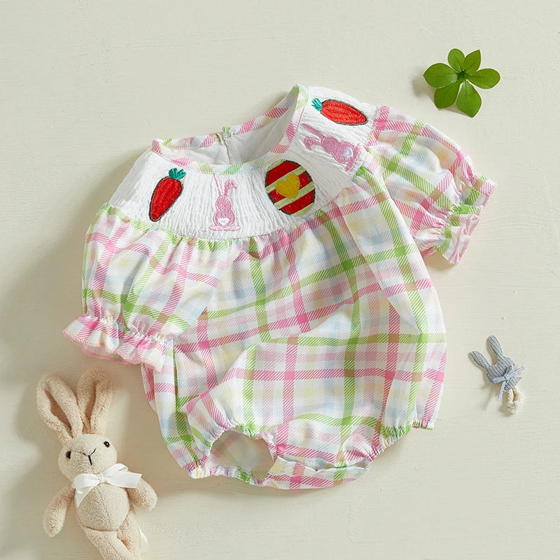 Checkered ruffle sleeve baby onesie in pastel colors with strawberry and bunny embroidery details