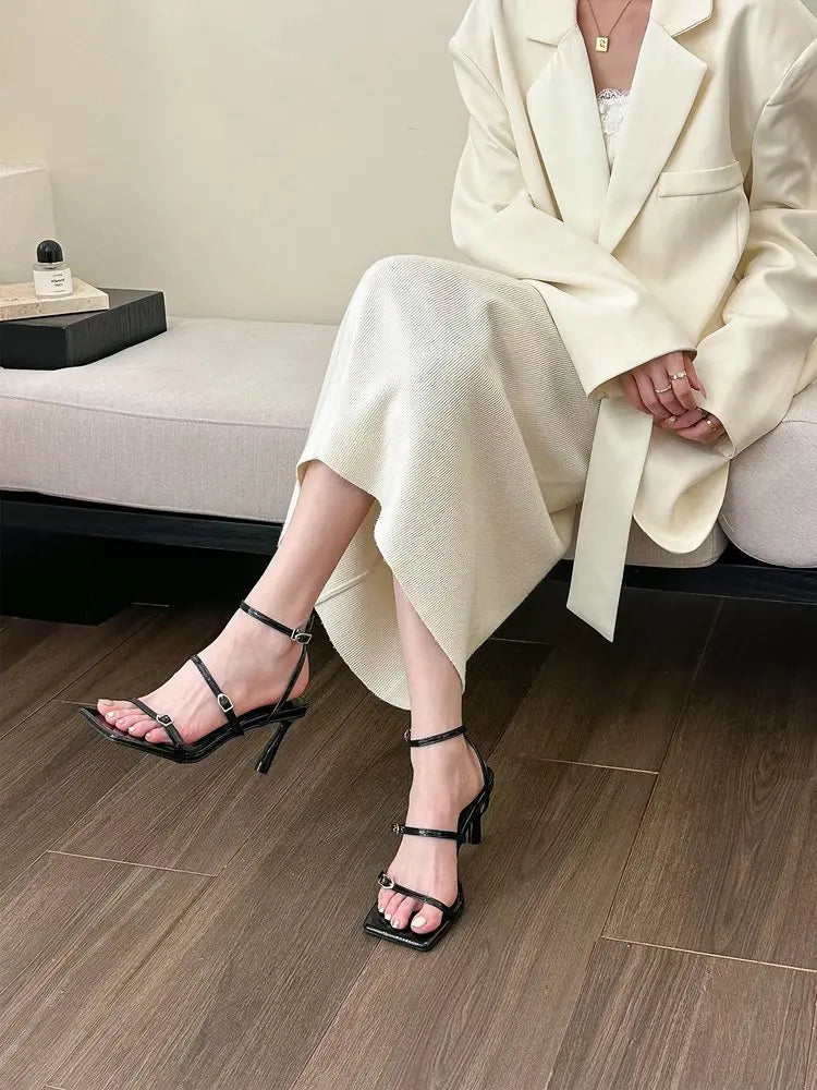 New Women's Shoes Fashion Buckle Design Square Toe Thin High Heel Sandals Shoes for Women Sandalias De Mujer 2023