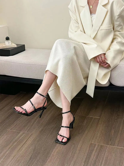 New Women's Shoes Fashion Buckle Design Square Toe Thin High Heel Sandals Shoes for Women Sandalias De Mujer 2023