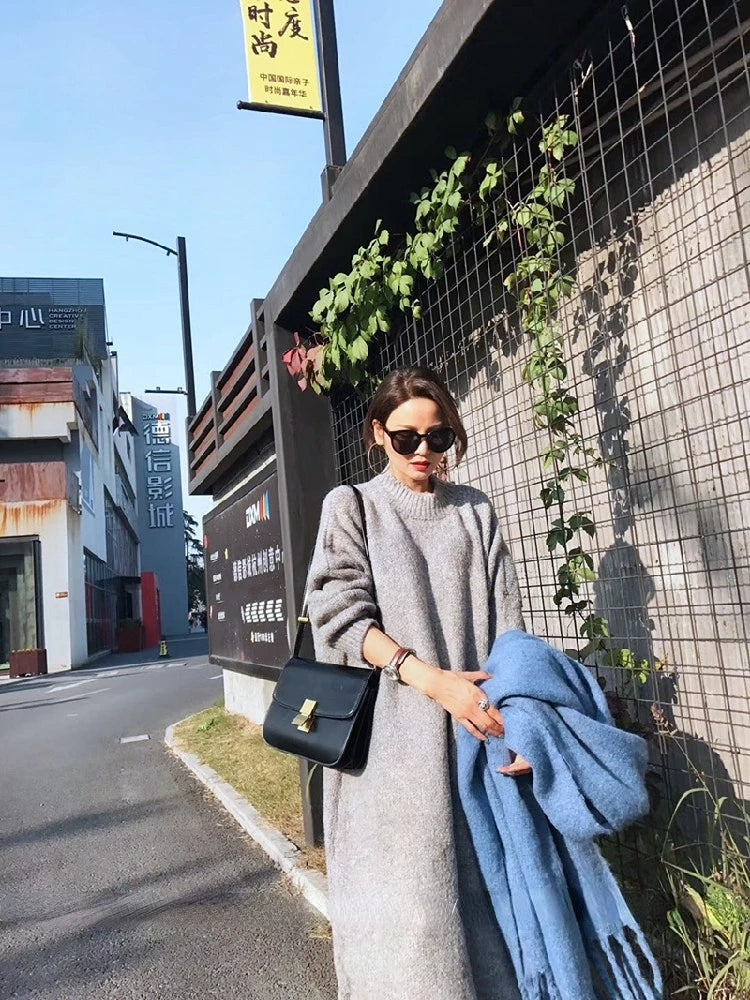 Winter Women Dress Fall Sweater Women Dress Long Sleeve Knitted Dresses Maxi Vintage Oversize Dresses Knitting Thick Warm Purple