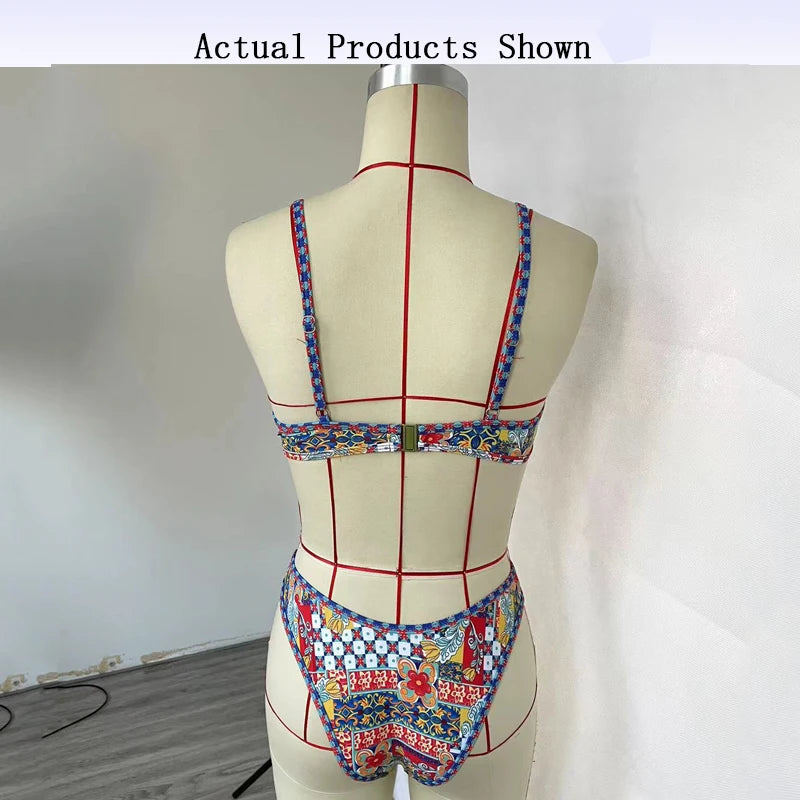 BEACHCICI Women's Bikini Two Piece Sexy Vintage Printed High Waist V Neck Suspender Beach Vacation Swimsuit