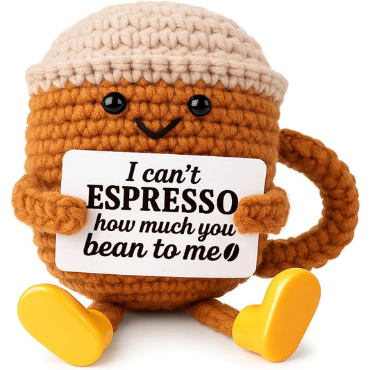 Funny Handwoven Positive Energy Coffee Cup Support Emotional Home Room Decoration Plush Knitting Doll Birthday Christmas Gift
