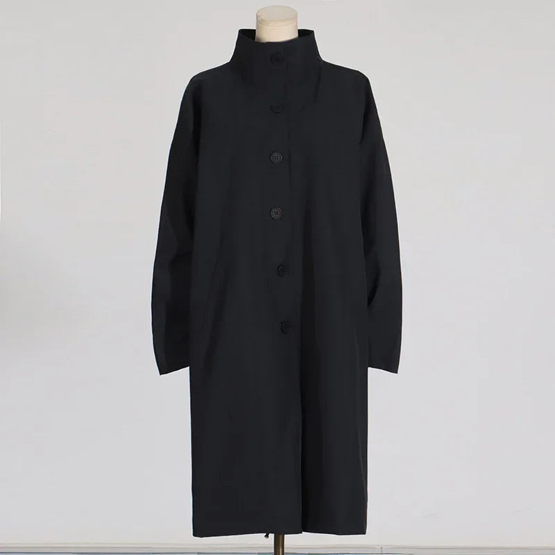EtherealBe simple style long sleeve trench coat in black with a sleek, minimalist design