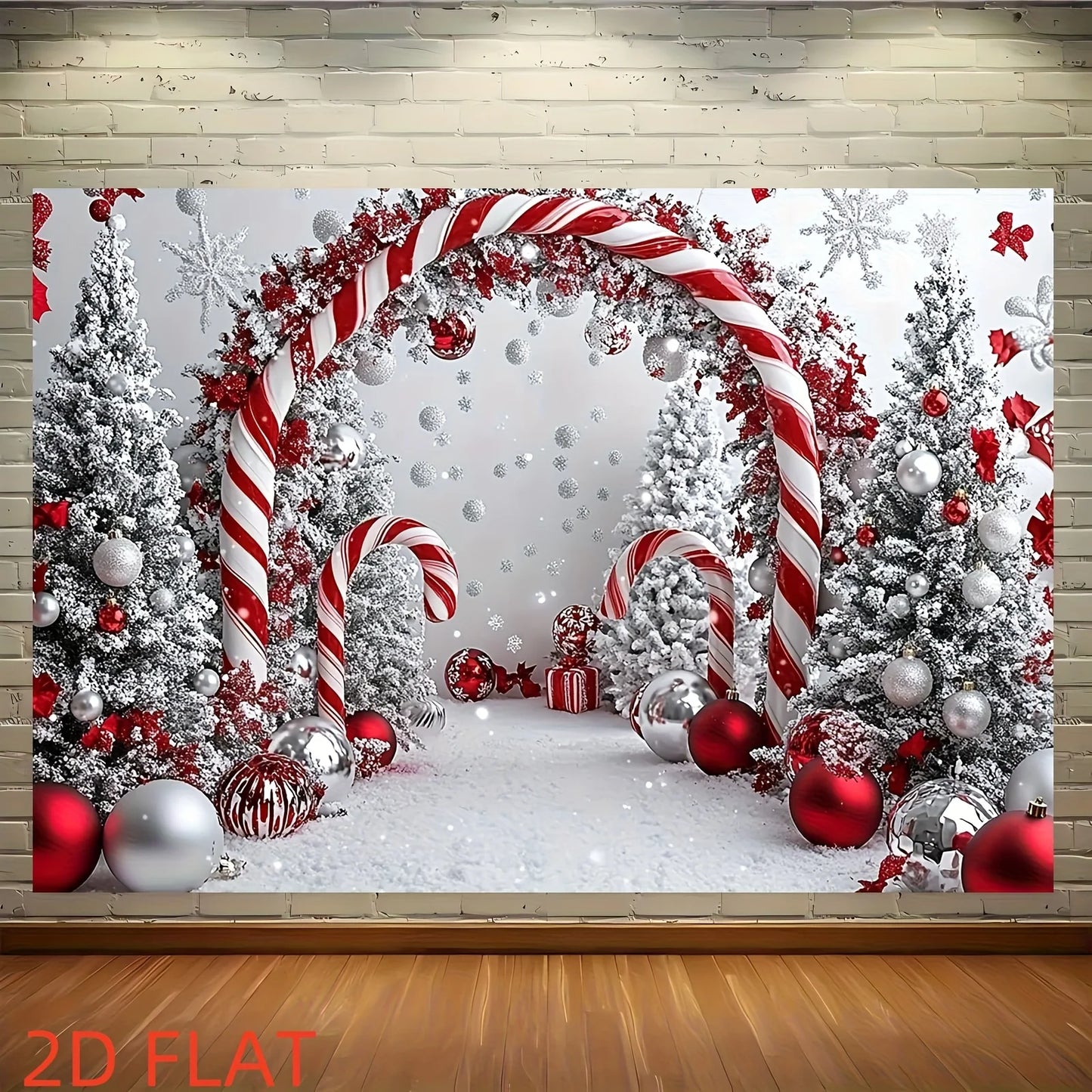 A shiny Christmas tree background cloth with candy sticks and a party banner featuring snowflake patterns