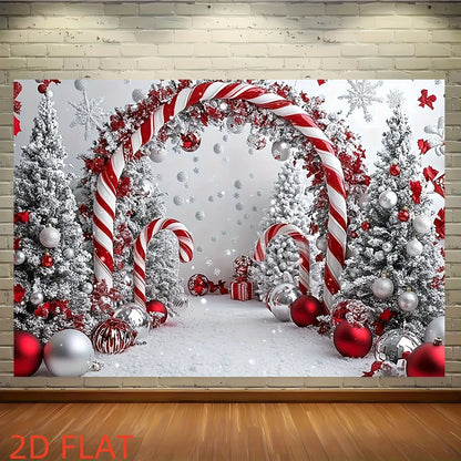A shiny Christmas tree background cloth with candy sticks and a party banner featuring snowflake patterns