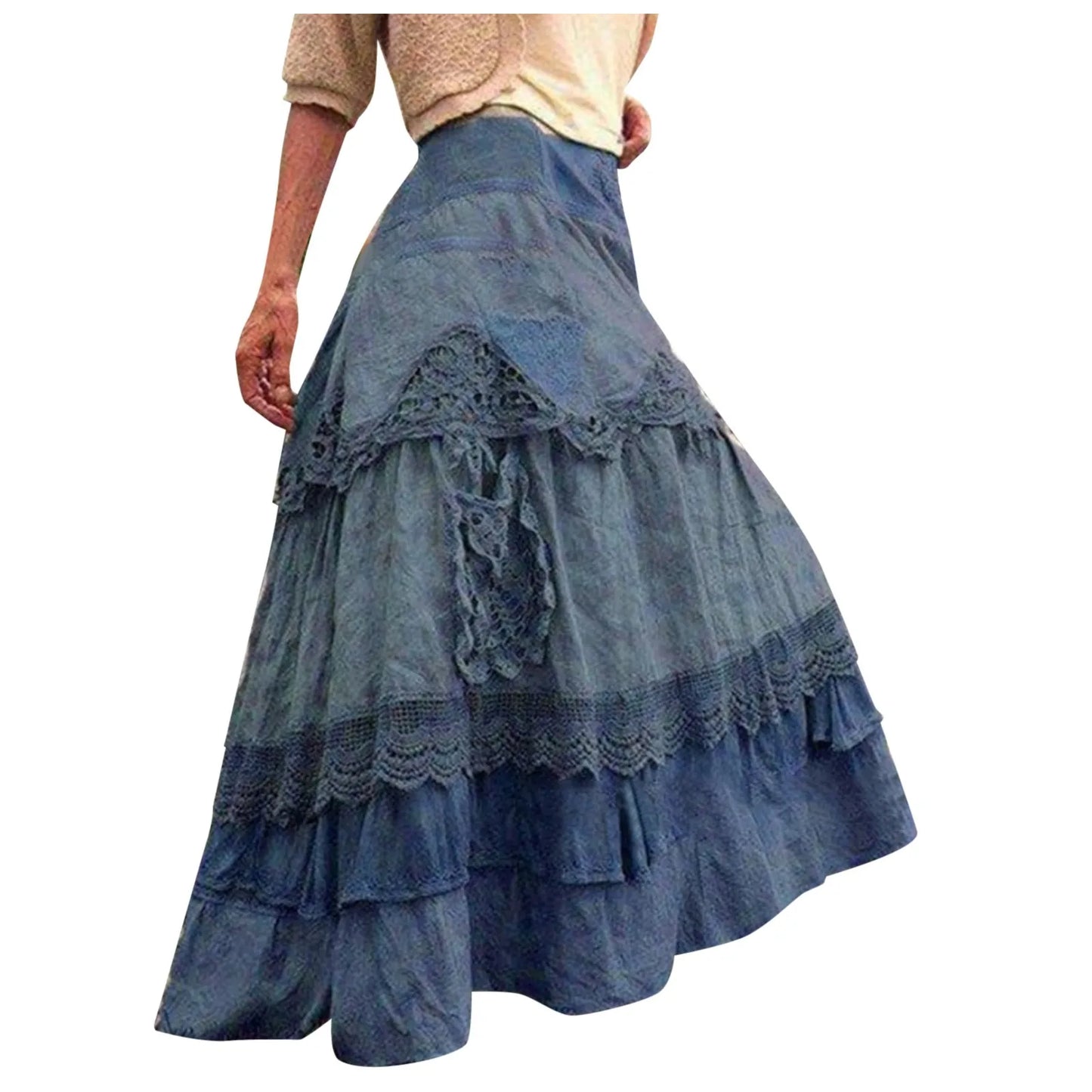 2025 Summer Long Skirt Ladies Boho Tiered Lace Maxi Skirts For Women Vintage A-Line Large Hem Skirts Faldas Para Mujeres