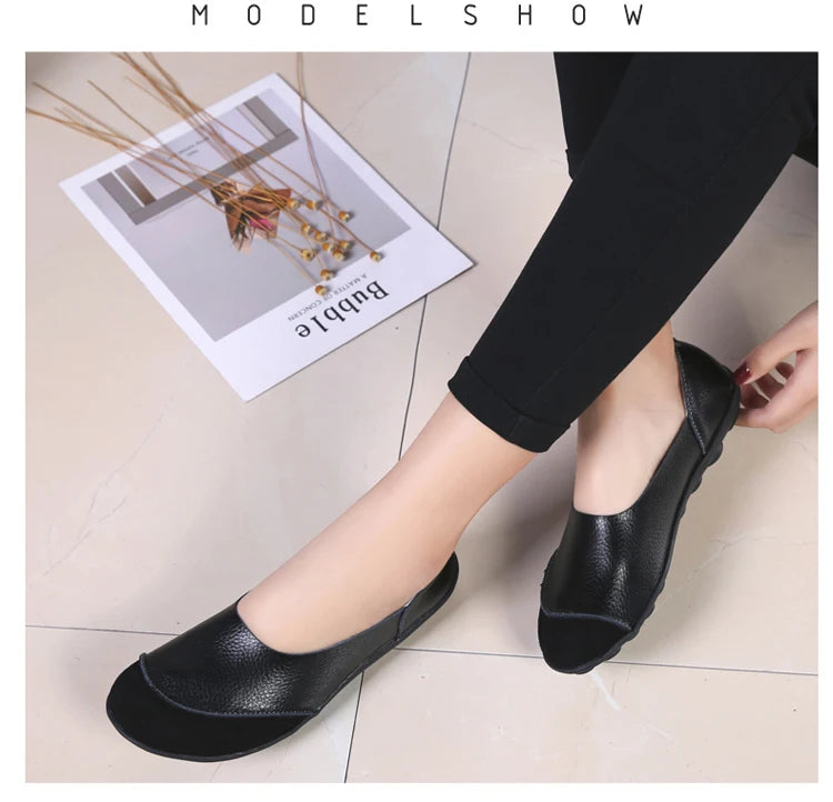 Women's shoes casual flat walking low heel loafers leather solid color large size casual single shoe work shoes44