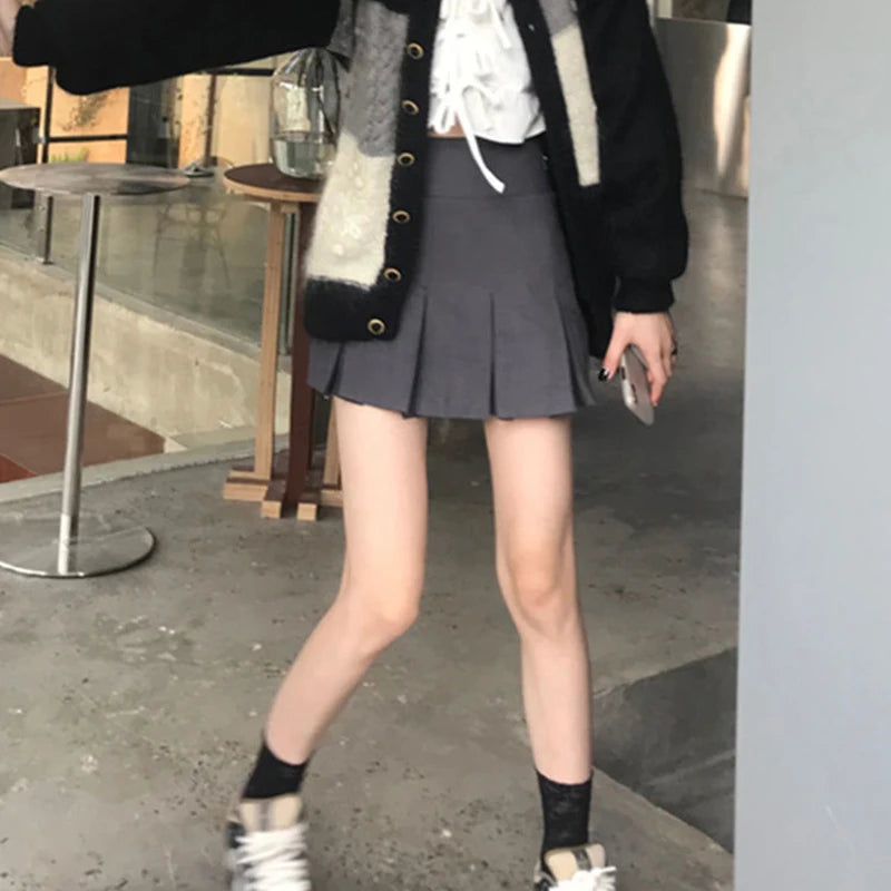 ZOKI  Vintage Gray Pleated Skirt Women Kawaii High Waist Mini Skirts Korean Fashion School Uniform Harajuku Streetwear Spring