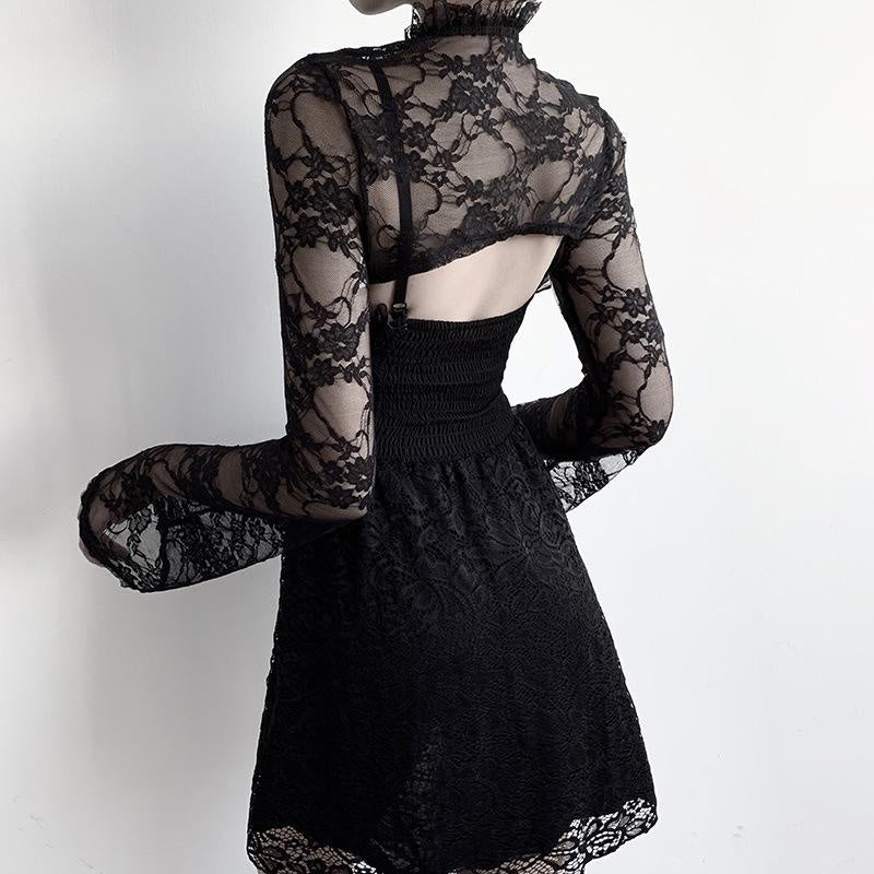 Vintage Dark Gothic Lace Mesh Long Flare Sleeve Overlay Turtleneck Covers Grunge Aesthetic Black Tops Streetwear for Women Egirl