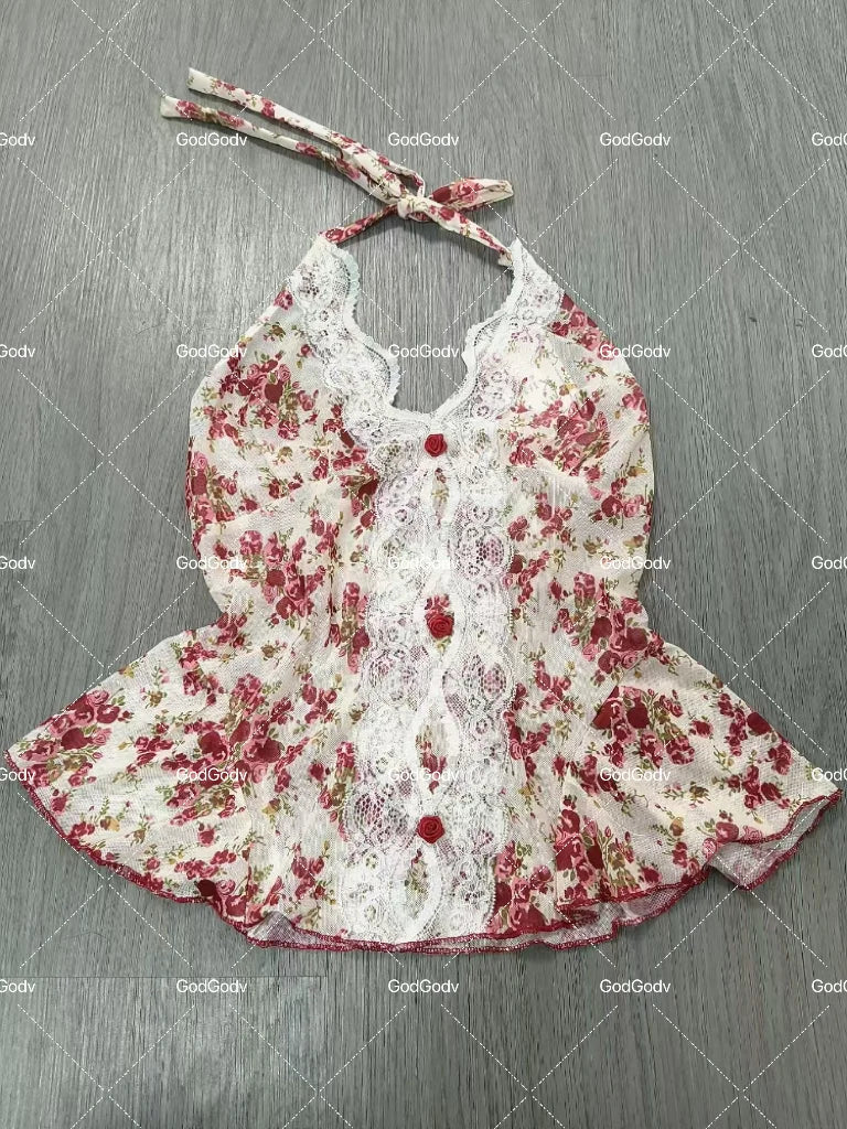 2025 Summer Woman Floral Halter Lace Blouse 2025 Vintage Sexy Slim Fit Fairy Korean Fashion Female Tops Outfits Elegant Style