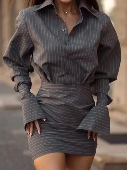 2025 Summer Fashion New Women's Elegant Office Staff Set Striped Collar Top Hip Wrapping Short Skirt Effect Two Piece Set