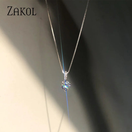 ZAKOL Simple Round Zirconia Pendant Necklaces for Women Shiny Crystal Fashion Party Dress Jewelry
