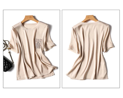 Silk T-shirt for Women Summer 2023 New In Solid Loose Satin Tees Short Sleeve Casual Top Korean T Shirt O-Neck YCMYUNYAN