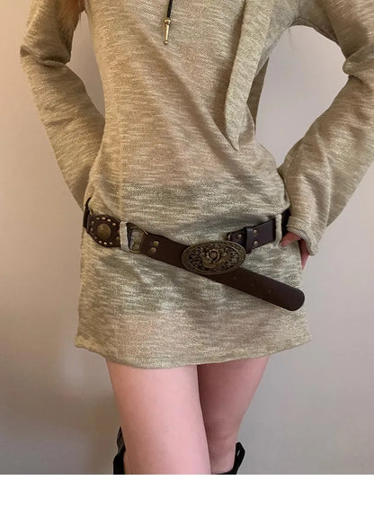 N Retro Ethnic Belt Y2K Bohemian Dress With a Wide Brown Belt
