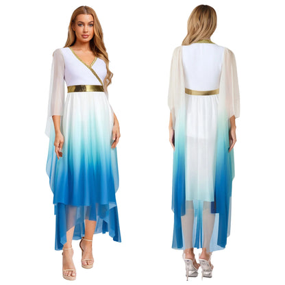Women Halloween Ancient Greek Goddesses Queen Cosplay Costume Roman Toga Gold Trim Cape Tunic Dress Church Choir Worship Robe