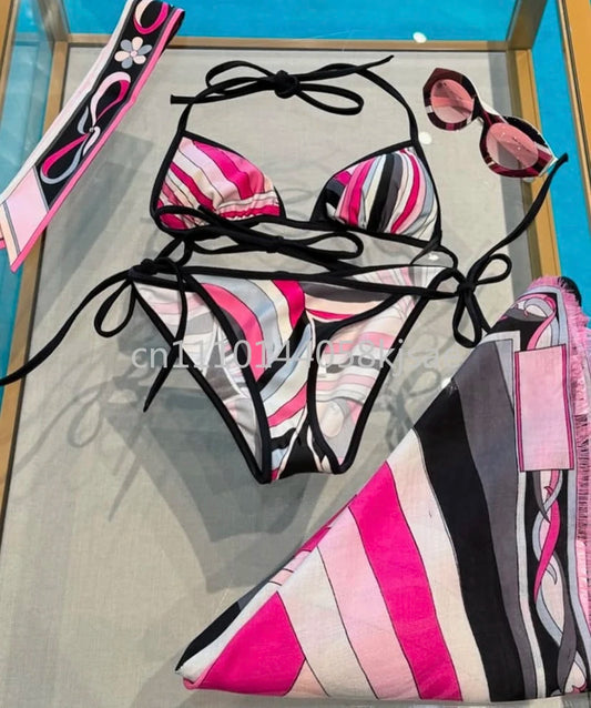 Luxury Design Women's Black Red Scarf Bikini Sets Letter Signature Logo Beachwear Designer Brand Lady Headband Swimsuit Swimwear
