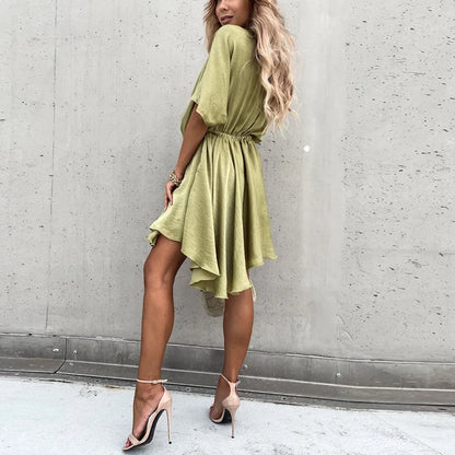 Sexy V Neck Dresses For Women Elegant Short Sleeve Solid A-line Loose Mini Dress Women Casual Beach Party Dress Boho 2022
