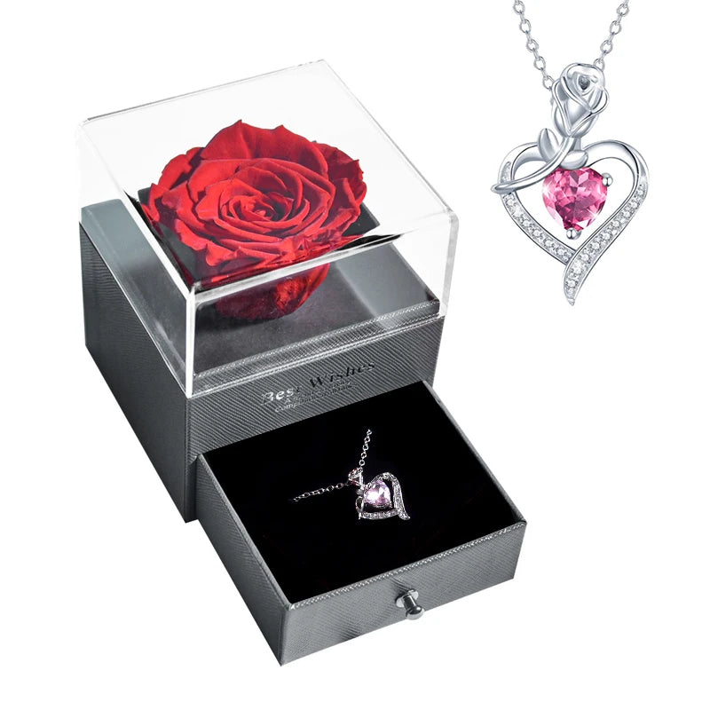 New Fashion Pendant Necklace In Rose Flower Jewelry Gift Box Preserved Rose Necklace Set Wedding Christmas Gift for Girlfriend