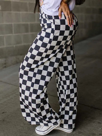 Womens Checkered Wide Leg Pants High Elastic Waisted Straight Loose Fitted LoungeTrouser Y2k Korean Streetwear