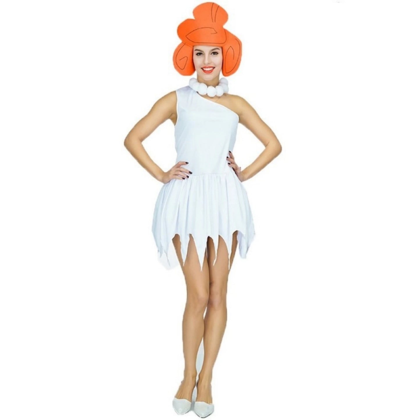 EtherealBe Wilma Flintstone costume for women featuring a one-shoulder dress and iconic orange wig