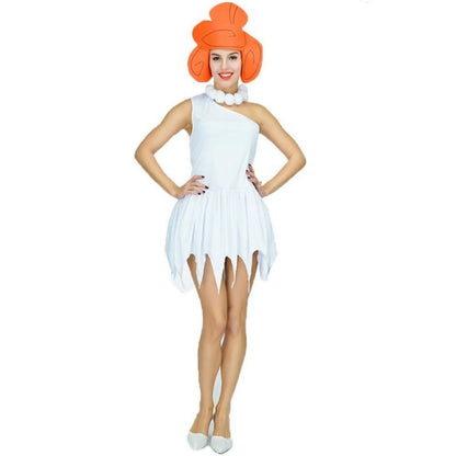EtherealBe Wilma Flintstone costume for women featuring a one-shoulder dress and iconic orange wig