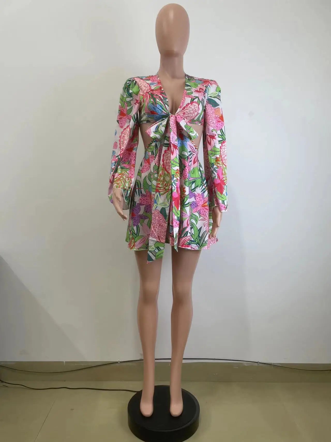 Two Piece Sets Women Skirt Set Print Floral Matching Sets V Neck Flare Sleeve Top Short Skirts Dress Sets Lace Up High Waist