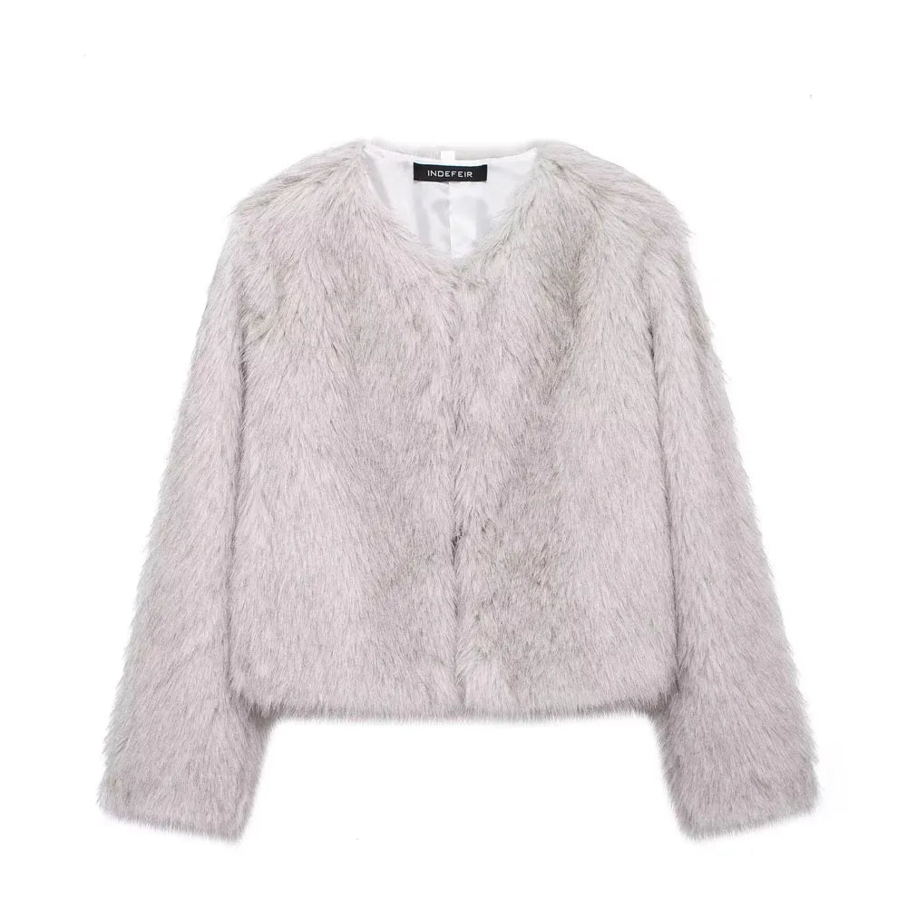 HH Women Winter Fashion Artificial Fur Effect Short Jacket Coats Female O-Neck Vintage Long Sleeve Loose Warm Top Streetwear