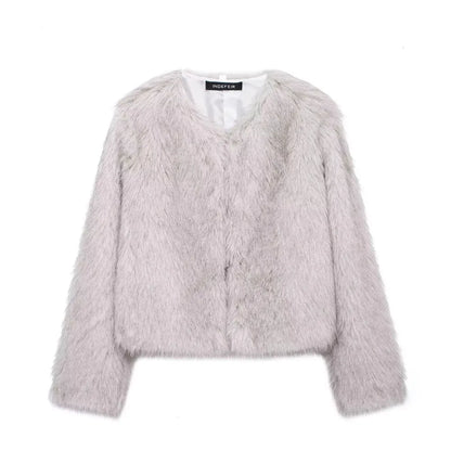 HH Women Winter Fashion Artificial Fur Effect Short Jacket Coats Female O-Neck Vintage Long Sleeve Loose Warm Top Streetwear