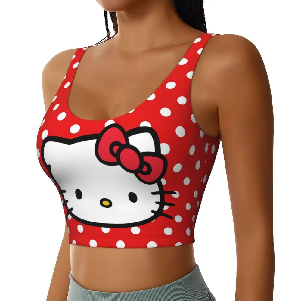Stylish red hello kitty sports bra for women featuring polka dots and a cute kitty design